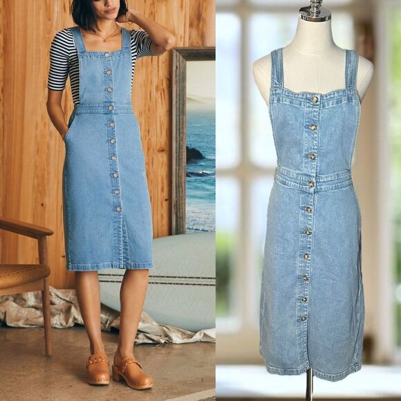 Faherty Organic Cotton Denim Remi Dress Blue Hanalei Wash Midi Pockets Jumper - Picture 1 of 15